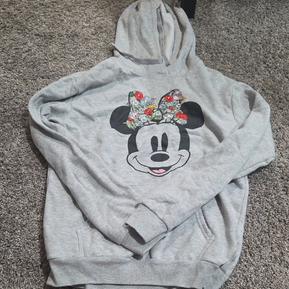 Disney Tops - Disney Minnie Mouse Heather Gray Hoodie With Embroidered Flowers